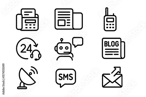 Modern communication icons: flat design fax, pager, blog, sms, chatbot, email
