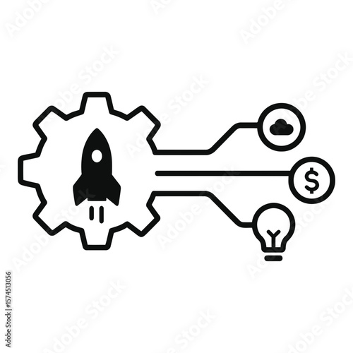 Automation Integration: Rocket Gear Icon Connecting Cloud, Finance, Innovation