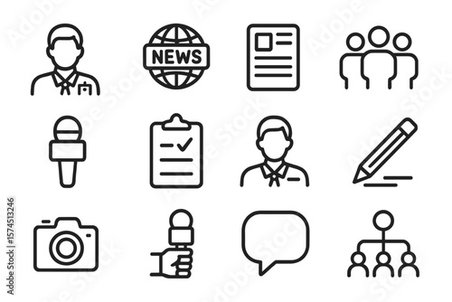 Media and communication icons set featuring linear news and journalism symbols