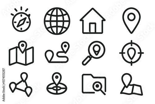Minimalistic icon set featuring navigation and map symbols on dark background