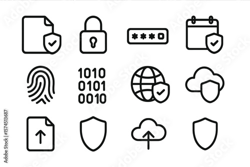 Minimal security icon set highlighting data protection and privacy themes