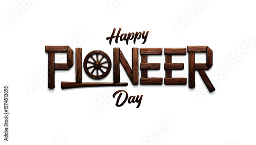 Vector art of happy pioneer day text made of wood with a wagon wheel