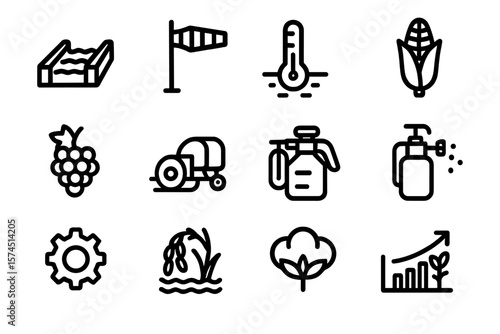 Hand drawn agricultural icons: farming tools and crop symbols in minimalist black outline style