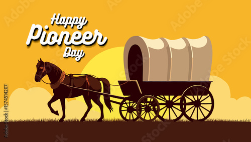 Vector art of happy pioneer day with horse and wagon at sunset