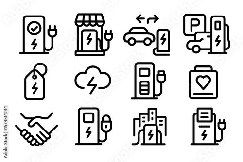 Electric vehicle charging and sustainability icons set in modern linear style