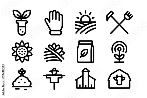 Set of linear farm and agriculture icons featuring tools, plants, and produce elements