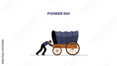 Vector art of a man pushes a covered wagon for pioneer day, isolated on white background