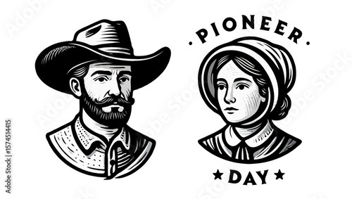 Vector art of vintage pioneer day illustration of a man and woman isolated on white background