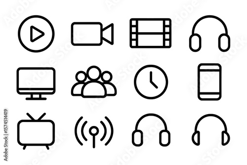 Minimalist multimedia icons set: audio, video, communication, and technology symbols