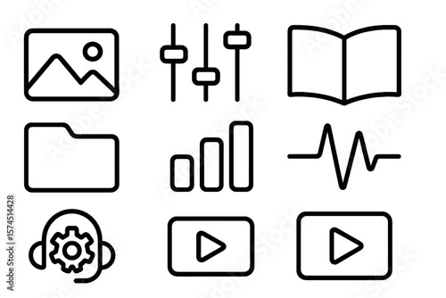 Minimalist icon set: media, music, and file management symbols