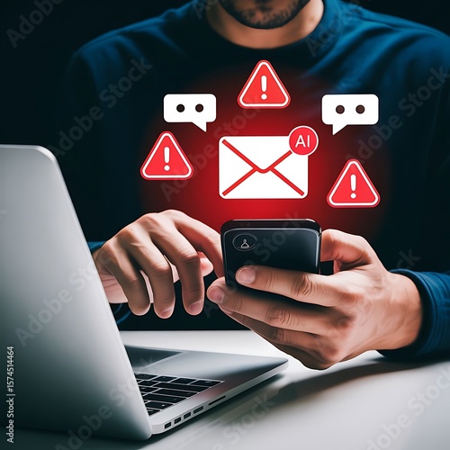 A man receives multiple email alerts and warnings on his phone and laptop