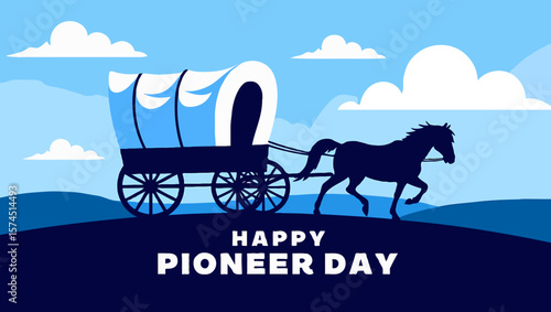 Vector art of a horsedrawn covered wagon celebrates pioneer day under a cloudy sky
