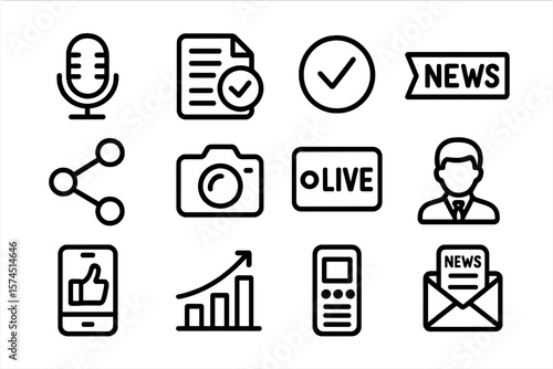 Black outline media and communication icons on gradient background