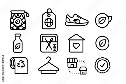 Eco-friendly linear icons set featuring sustainable lifestyle and recycling symbols