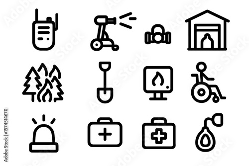 Emergency and safety icons set: fire, medical, transportation, and recovery symbols in linear style