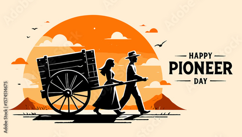 Vector art of a couple pulls a wagon across the plains on pioneer day