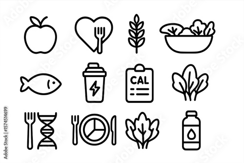Minimalist icons for healthy living: food, fitness, and nutrition symbols
