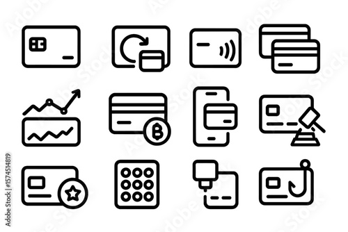 Black linear icon set: credit cards, payments, and finance symbols