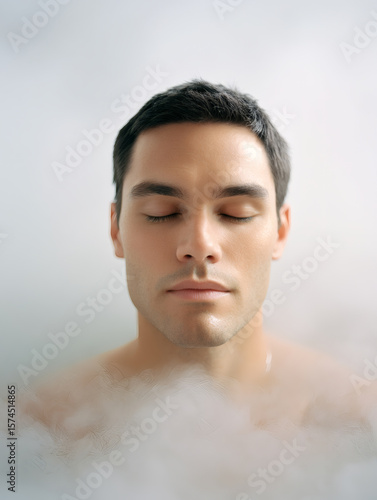 Calm Man Meditating in Steam or Mist  Relaxation and Wellness Concept