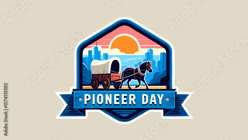 Vector art of a vintage badge commemorates pioneer day with a horse and wagon