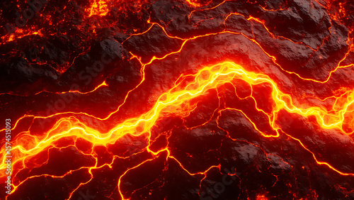 Lava Flow Cracking Through Dark Volcanic Rock. A mesmerizing view of lava flowing through volcanic rock, glowing bright orange and yellow against dark, cracked terrain. Ideal for nature, geology, and 