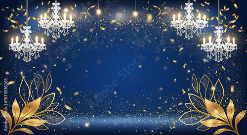 Luxury Rich Blue Background with Golden Leaves Illustration