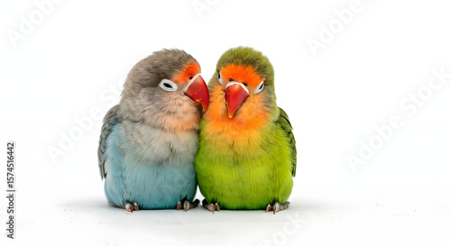 A sweet lovebird cuddling with another, white background