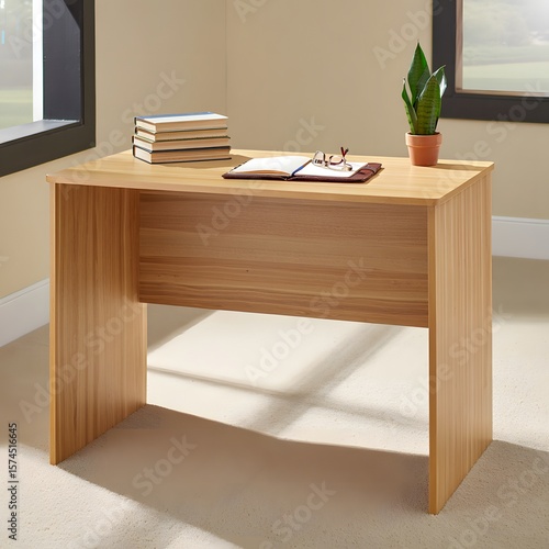 Wooden desk with books plant and eyeglasses notebook