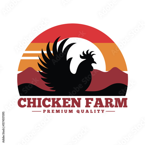 Chicken Farm Logo with Rooster Silhouette and Retro Sunset Background