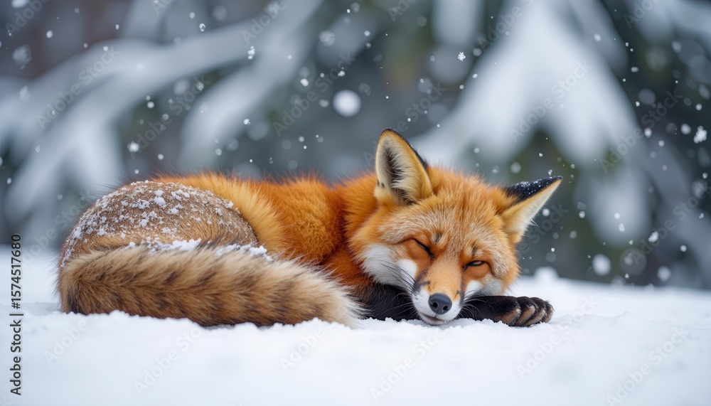 Obraz premium Fox resting peacefully in snowy winter