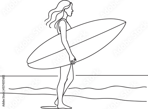 Female Surfer Holding Surfboard Beach Minimalist Line Art