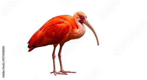 A vibrant scarlet ibis standing tall, white background