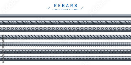 Seamless rebars. Set of steel bars with different profiles. Straight plain round and ribbed rods. Construction collection, classification by shape. Vector illustration isolated on a white background.