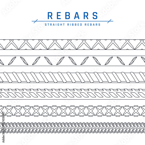 Seamless rebars. Set of steel straight ribbed bars with different profiles. Construction CAD collection, classification by shape. Vector illustration isolated on a white background in line style.