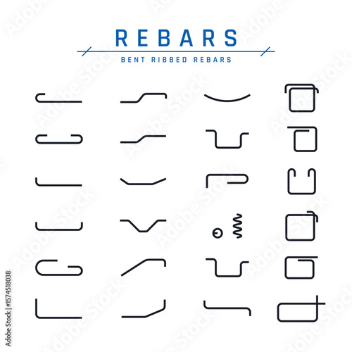 Icon set of steel bent bars. Construction CAD collection, classification of rebars by shape. Vector illustration isolated on a white background in line style