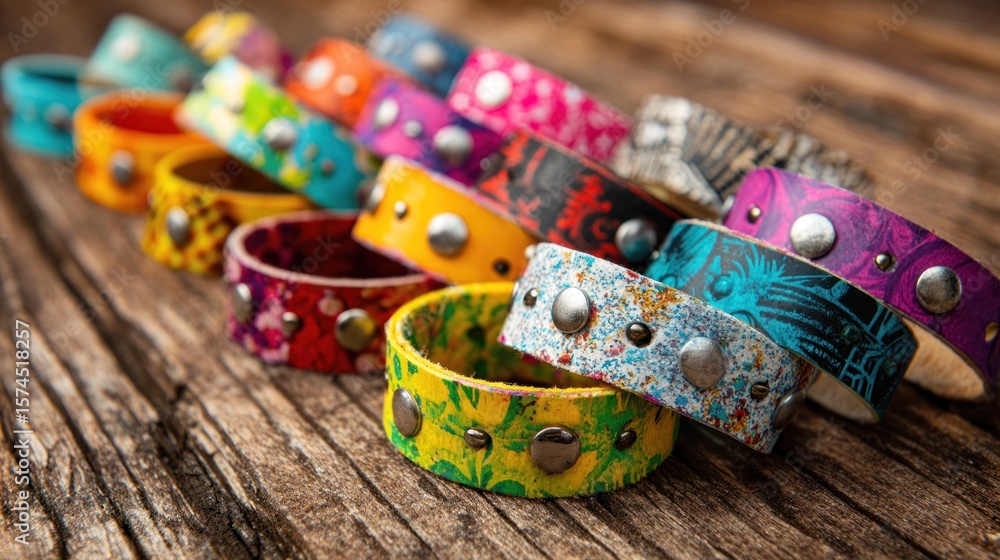 Fototapeta premium Colorful leather bracelets on a wooden surface