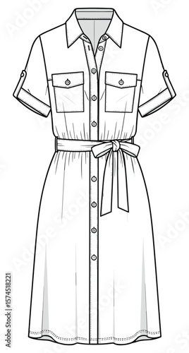 Short sleeve belted shirt dress with front pockets, rolled sleeves and button placket technical flat sketch, sewing pattern illustration