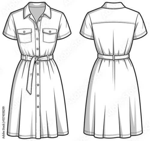 Short sleeve belted shirt dress with front pockets button down style technical flat sketch front and back, fashion sewing pattern template