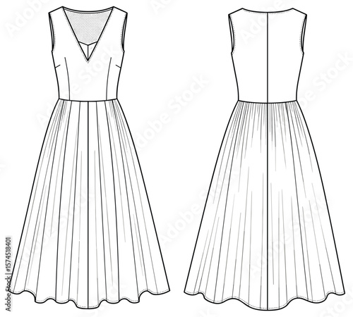 Fashion flat sketch of sleeveless V-neck flared midi dress, technical drawing, vector template, front and back view, clothing design