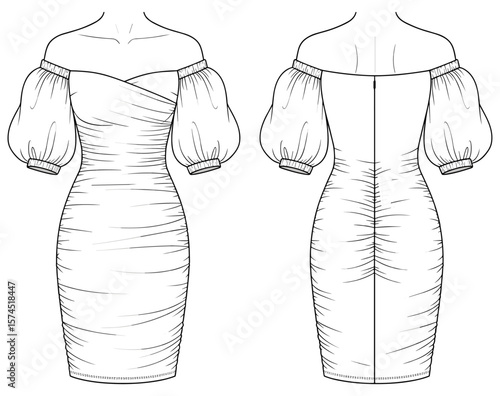 Off shoulder ruched dress with puff sleeves technical flat sketch front and back view, elegant fitted design, sewing pattern template