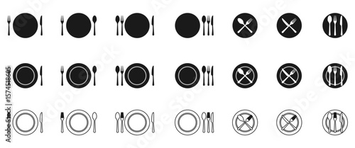 plate, spoon, fork and knife icon set vector illustration isolated on white background.