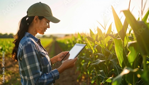 A woman in a plaid shirt and cap uses a tablet while inspecting corn plants in a sunlit agricultural field.