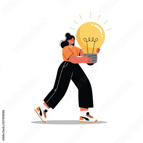 woman holding light bulb, vector illustration for managing multiple ideas, creative decision making and brainstorming innovation