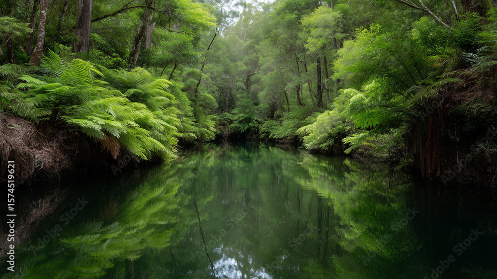 Obraz premium Rainforest dense foliage mirrored calm water green reflection tranquil nature scene with lush vegetation