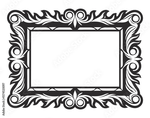 Horizontal rectangular vintage frame in black and white with swirls, flourishes and arabesque patterns forming background border with copy space in line art style for classic graphic design