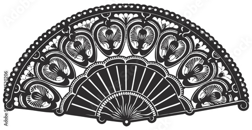 Vintage line art fan design with symmetrical swirls, scrolls, flourishes, arabesques. Used in decorative layouts, branding, packaging or label ornaments