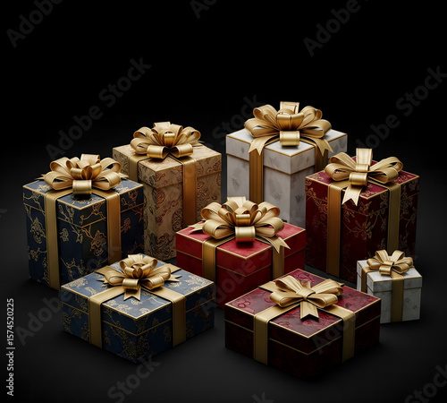 Luxury Gift Boxes with golden ribbon on Black Birthday Background Illustration