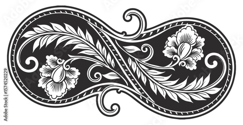 Intricate floral arabesque ornament forming an infinity symbol, featuring delicate flowers, leaves, flourishes, and swirls in a symmetrical and elegant design, ideal for decorative purposes