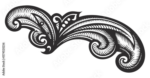 Monochrome composition of swirls, flourishes, and scroll elements arranged in arabesque structure with uniform line thickness and symmetrical layout for vintage themed graphics