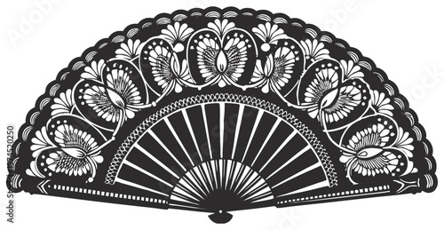 Vintage line art fan design with symmetrical swirls, scrolls, flourishes, arabesques. Used in decorative layouts, branding, packaging or label ornaments